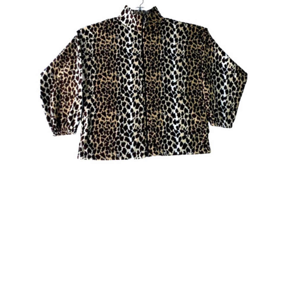 TIPSY Vintage Leopard Print Fleece Zip Jacket Women Size L Brown